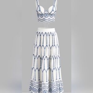Commense White and Blue Embroidered Two-Piece Skirt Set